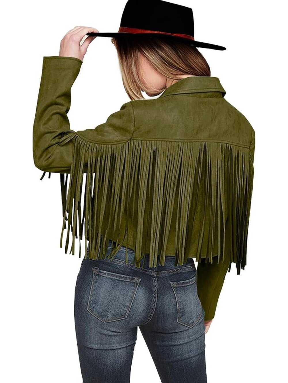 Women's Green Fringe Suede Leather Tassel Detail  Motorcycle Cropped Jackets
